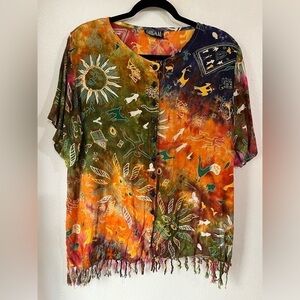 Original vintage Y2K hobo Boho button-down shirt, French NWOT graphic zodiac